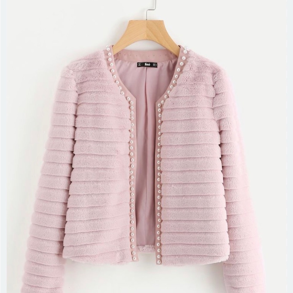 Brand new pink faux fur jacket with pearl